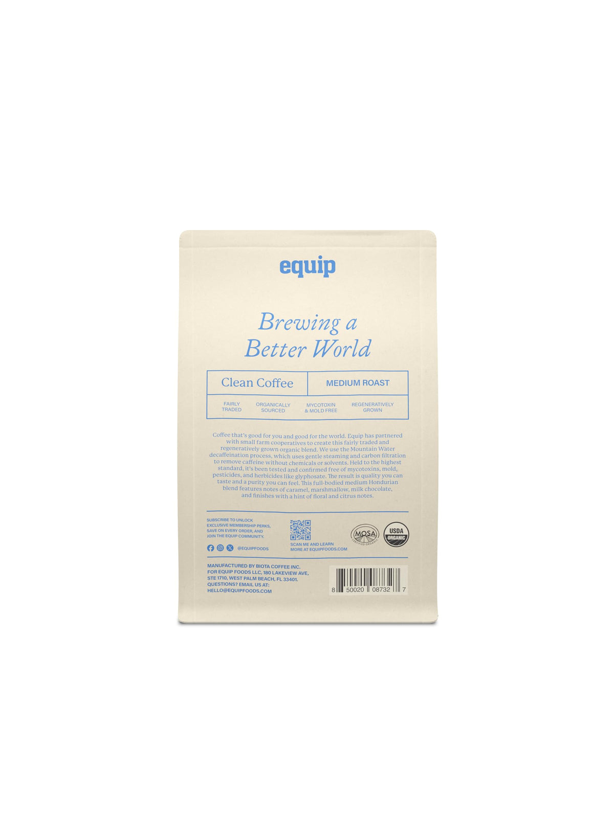 Equip Foods Decaf Clean Coffee packaging on shelf communicates premium, organic, fair trade quality.