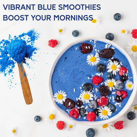 EquSym blue spirulina latte cup demonstrates vivid color in hot beverages.