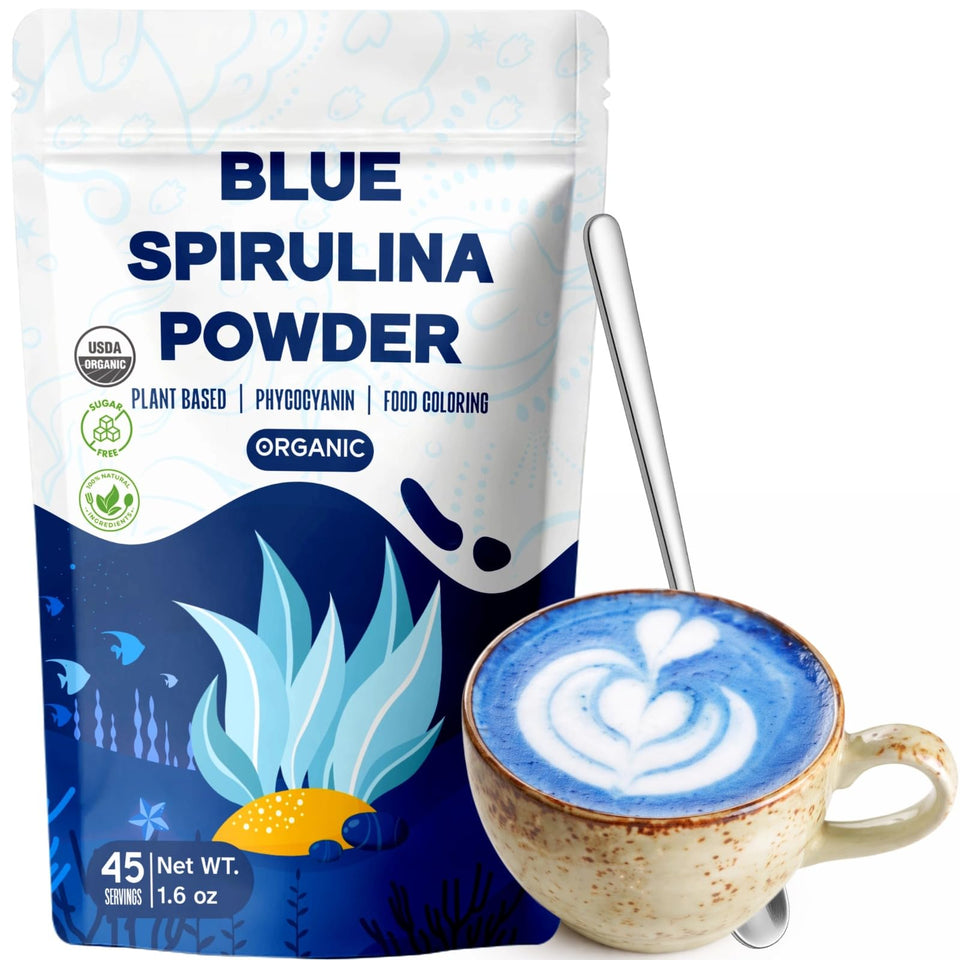 EquSym Organic Blue Spirulina powder pouch closeup for vibrant blue frostings and drinks.