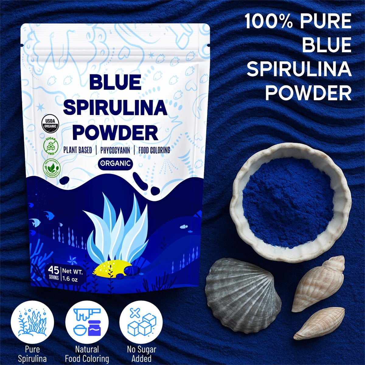 EquSym blue spirulina spoon-dispensing image highlights precise measuring for clean coloring.