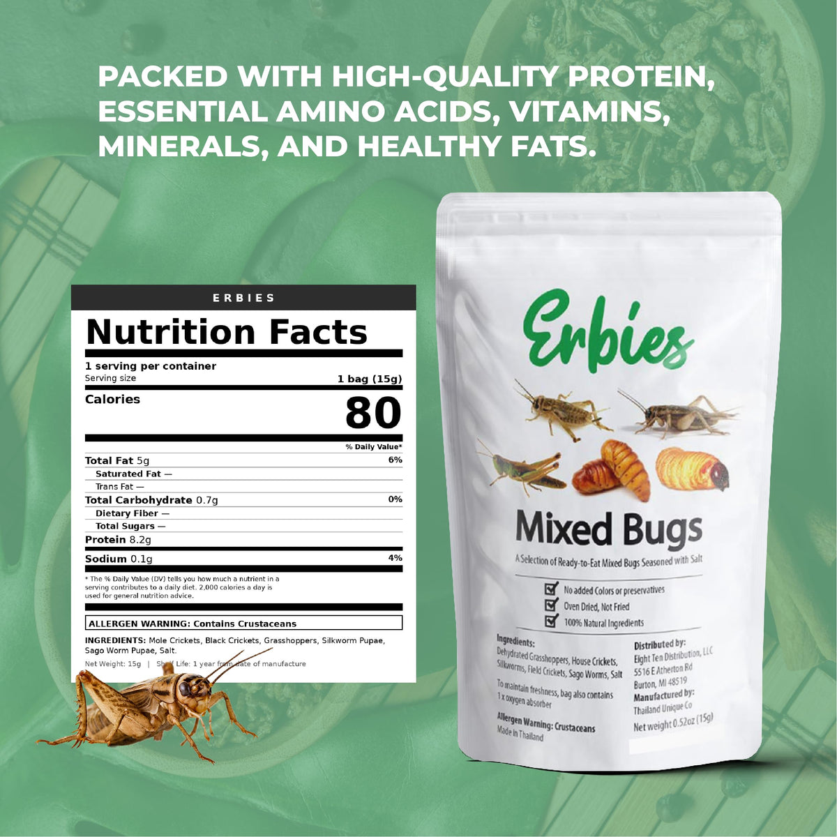 Erbies grasshoppers snack shot emphasizing bold flavor