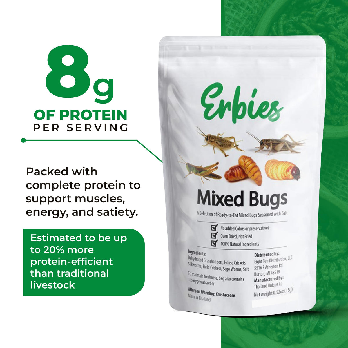 Erbies seasoned crunch close-up highlights flavorful coating on insects.