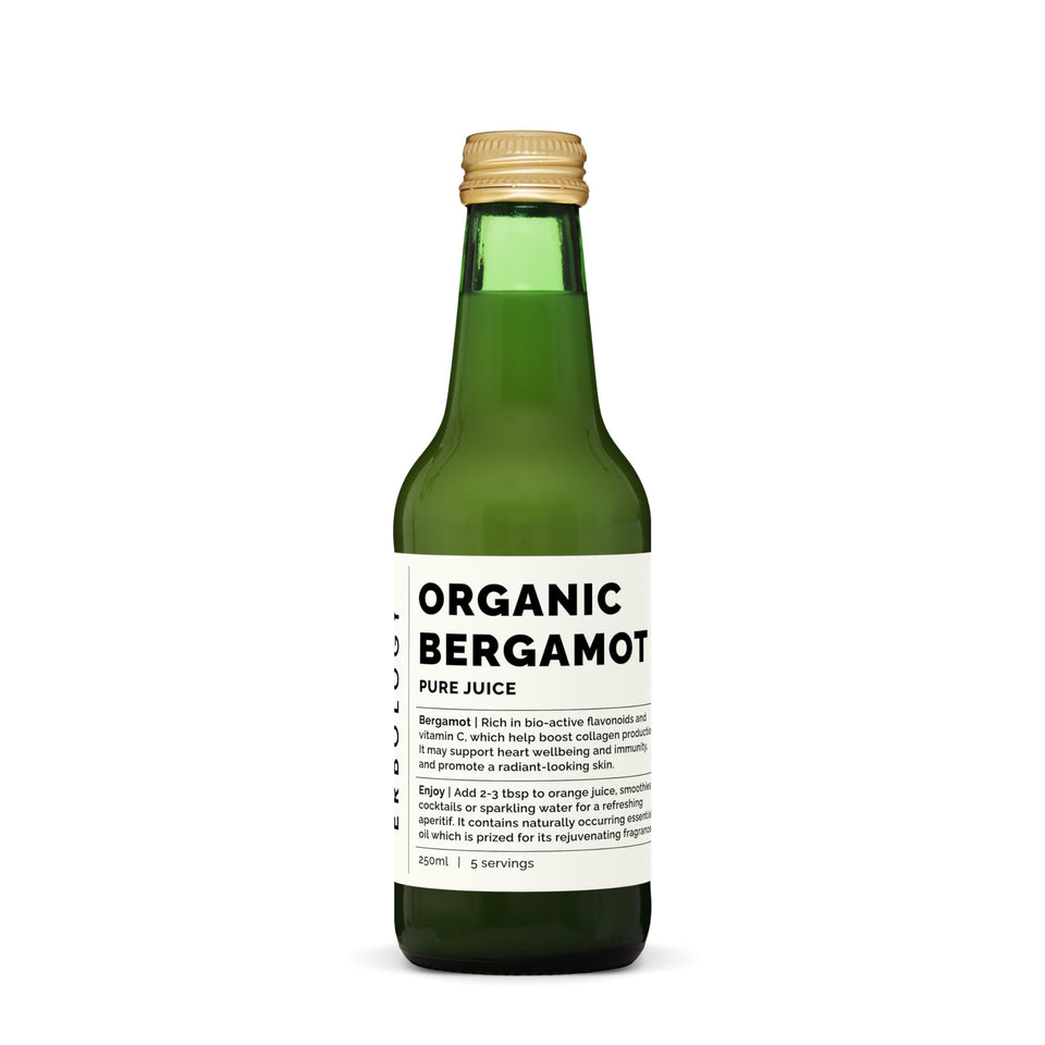 Erbology bergamot juice bottle front shows pure organic freshness for daily wellness.