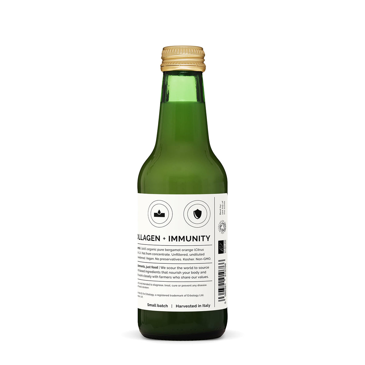 Erbology bergamot juice ingredients back panel highlights organic, non-GMO claim.