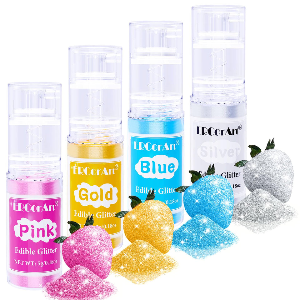 ERCorArt edible glitter spray in silver adds metallic shine to cakes and beverages.