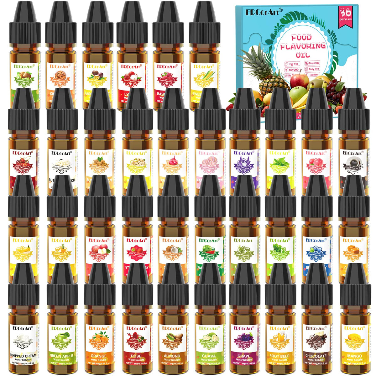 ERCorArt flavoring oil close-up showcasing 36 flavors for culinary inspiration.
