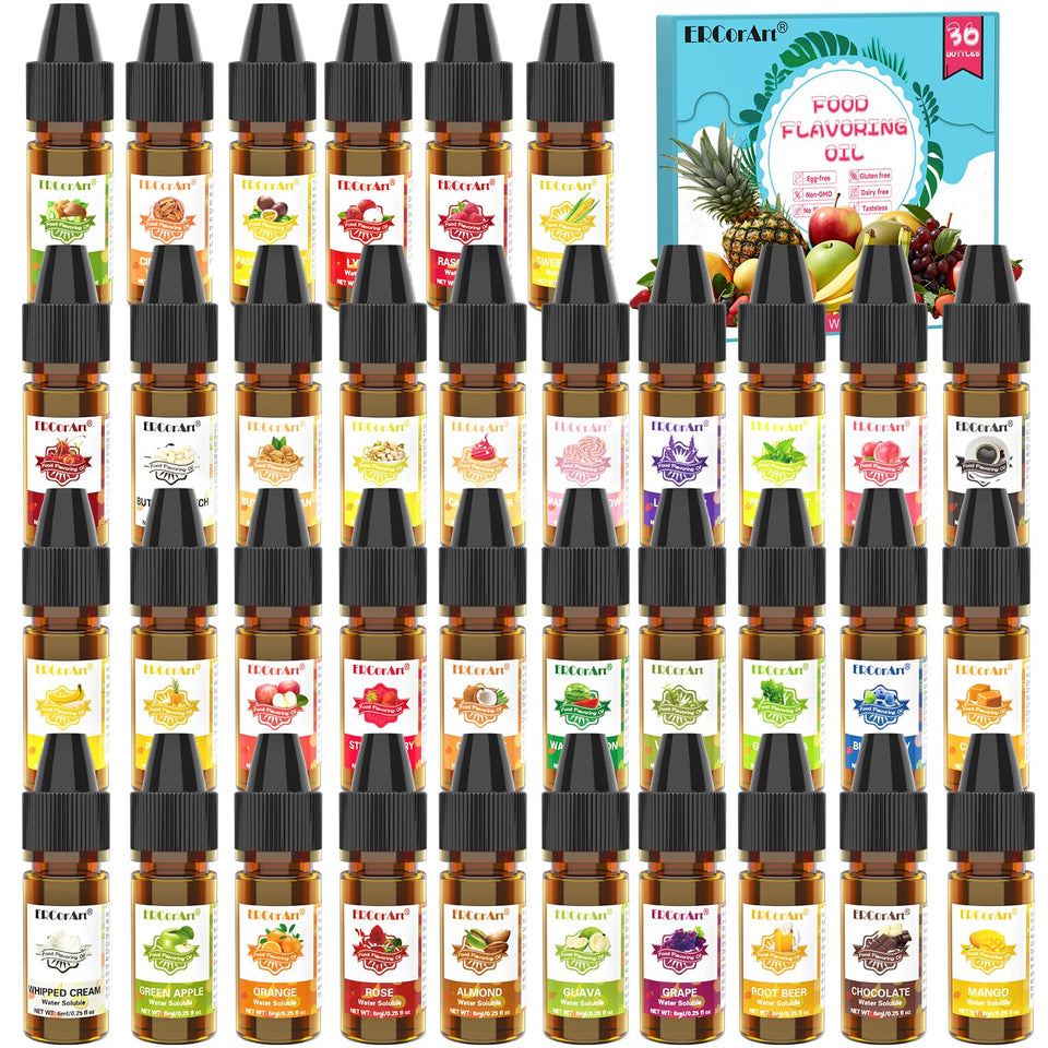 ERCorArt flavoring oil close-up showcasing 36 flavors for culinary inspiration.