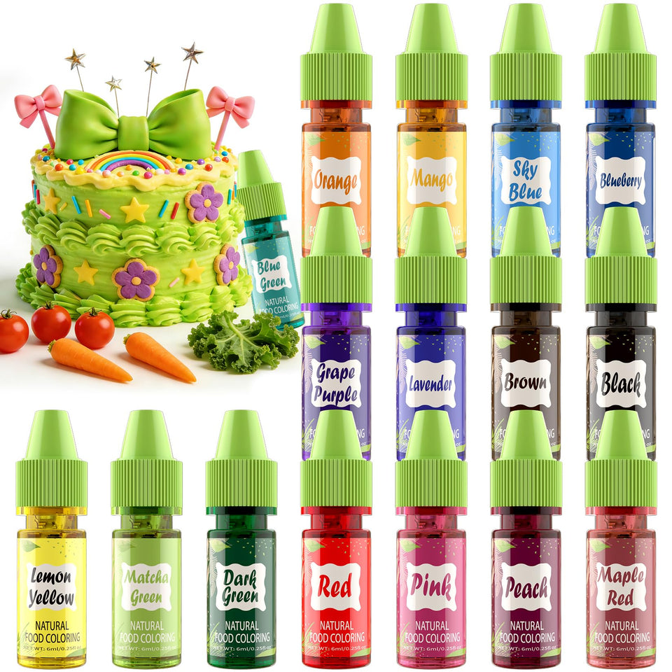 ERCorArt natural food coloring bottle closeup showing 16 vibrant hues for baking