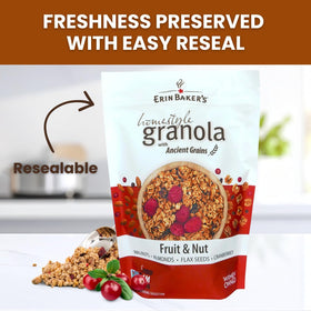 Erin Baker's granola 12oz bag with resealable closure for ongoing freshness.