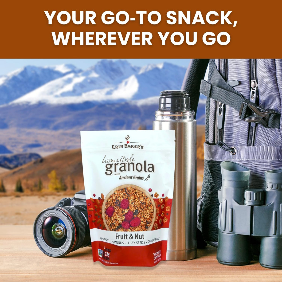 Erin Baker's granola packaging close-up emphasizes vegan, non-GMO ingredients.