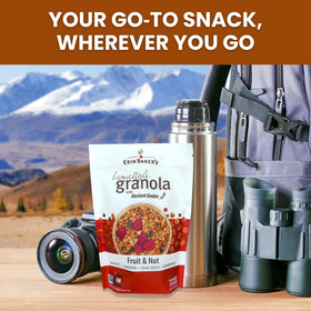 Erin Baker's granola packaging close-up emphasizes vegan, non-GMO ingredients.