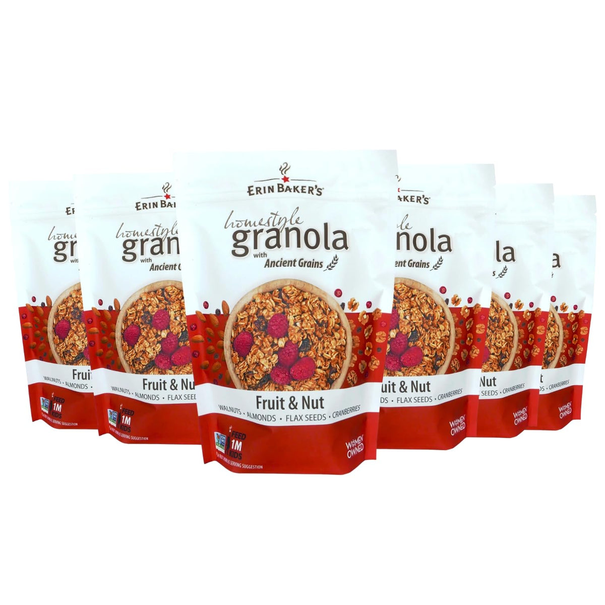 Erin Baker's granola bag with fruit and nut mix offers convenient, resealable freshness for on-the-go snacking.