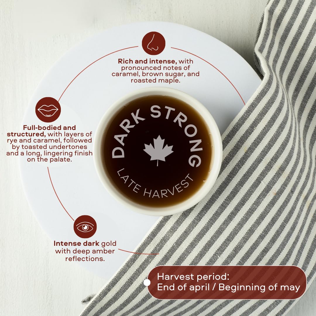 Escuminac dark robust maple syrup pour ideal for desserts and glazes.