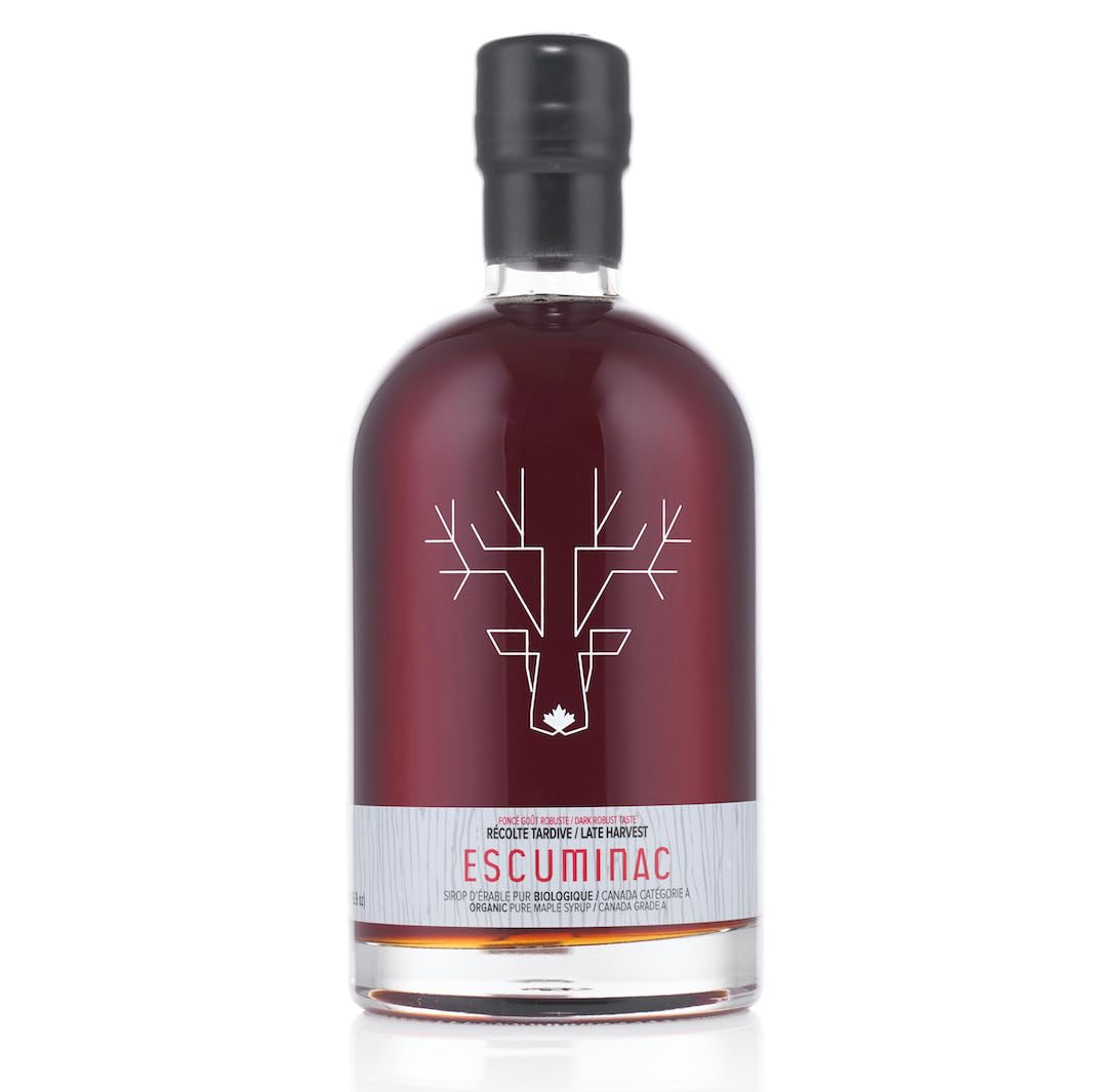 Escuminac Late Harvest maple syrup bottle with rich color for gourmet breakfasts.