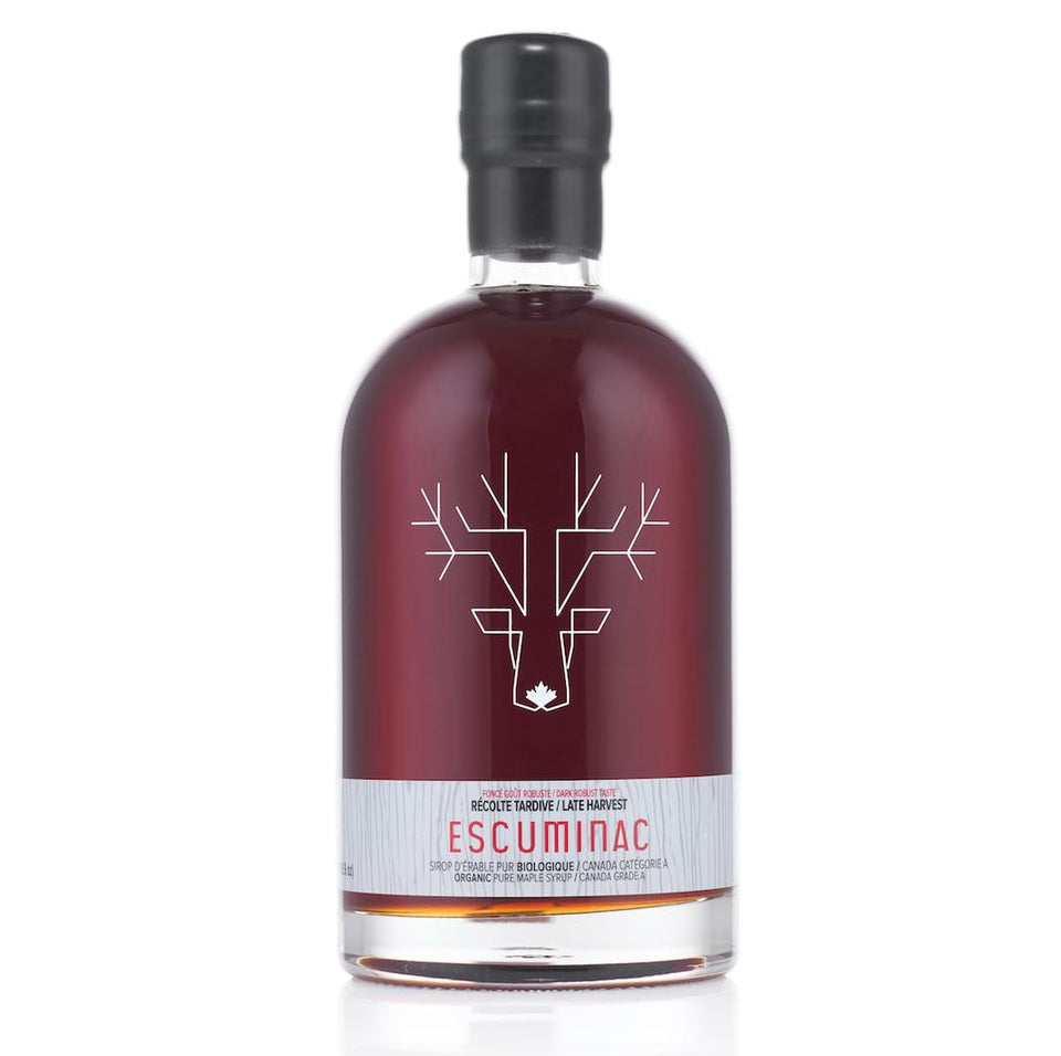Escuminac Late Harvest maple syrup bottle with rich color for gourmet breakfasts.