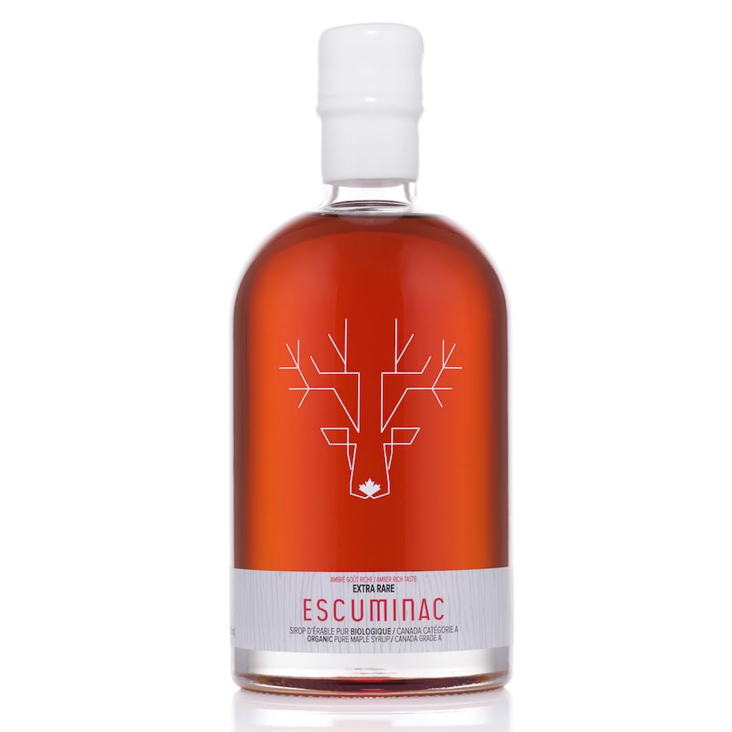 Escuminac maple syrup 500ml bottle front view, ideal for elevating pancakes.