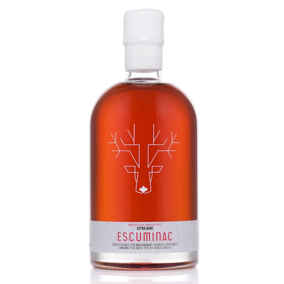 Escuminac maple syrup 500ml bottle front view, ideal for elevating pancakes.