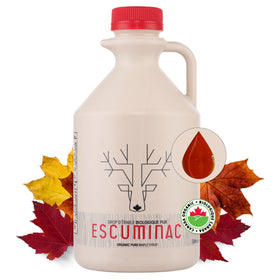 Escuminac maple syrup bottle with Great Harvest notes enhances breakfast with rich caramel flavor