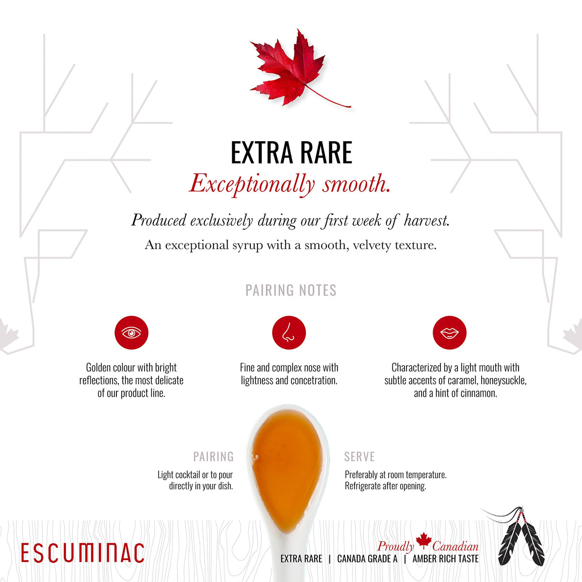 Escuminac maple syrup amber glass bottle, close-up glow inviting tastings.