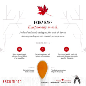 Escuminac maple syrup amber glass bottle, close-up glow inviting tastings.