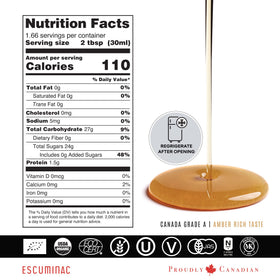 Escuminac maple syrup amber label detail, showcasing premium packaging for gifts.