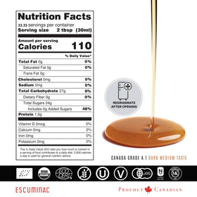 Escuminac label close-up emphasizes single-origin Quebec maple syrup purity and heritage