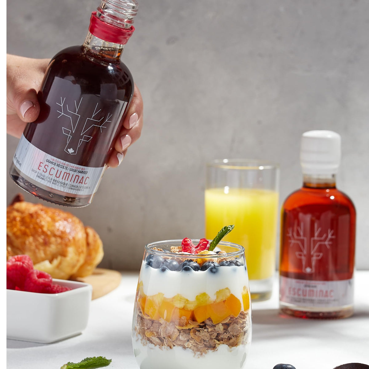 Escuminac pancakes with syrup close-up, inviting breakfast moments