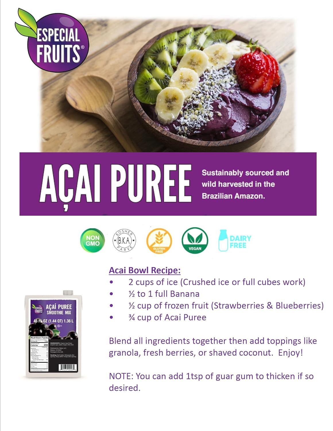 Especial Fruits Acai smoothie ingredient, blends smoothly for a refreshing, plant-powered drink.