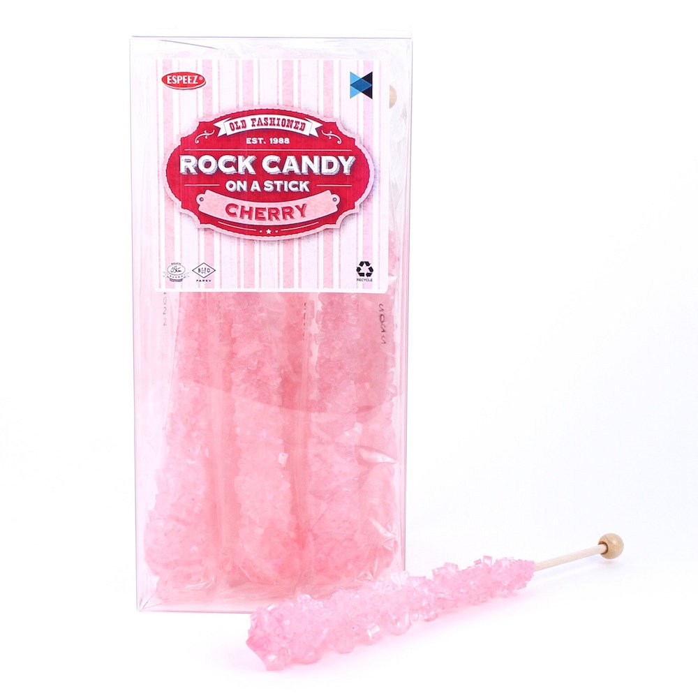 Espeez pink cherry rock candy on a large stick, ideal for elegant party favors.