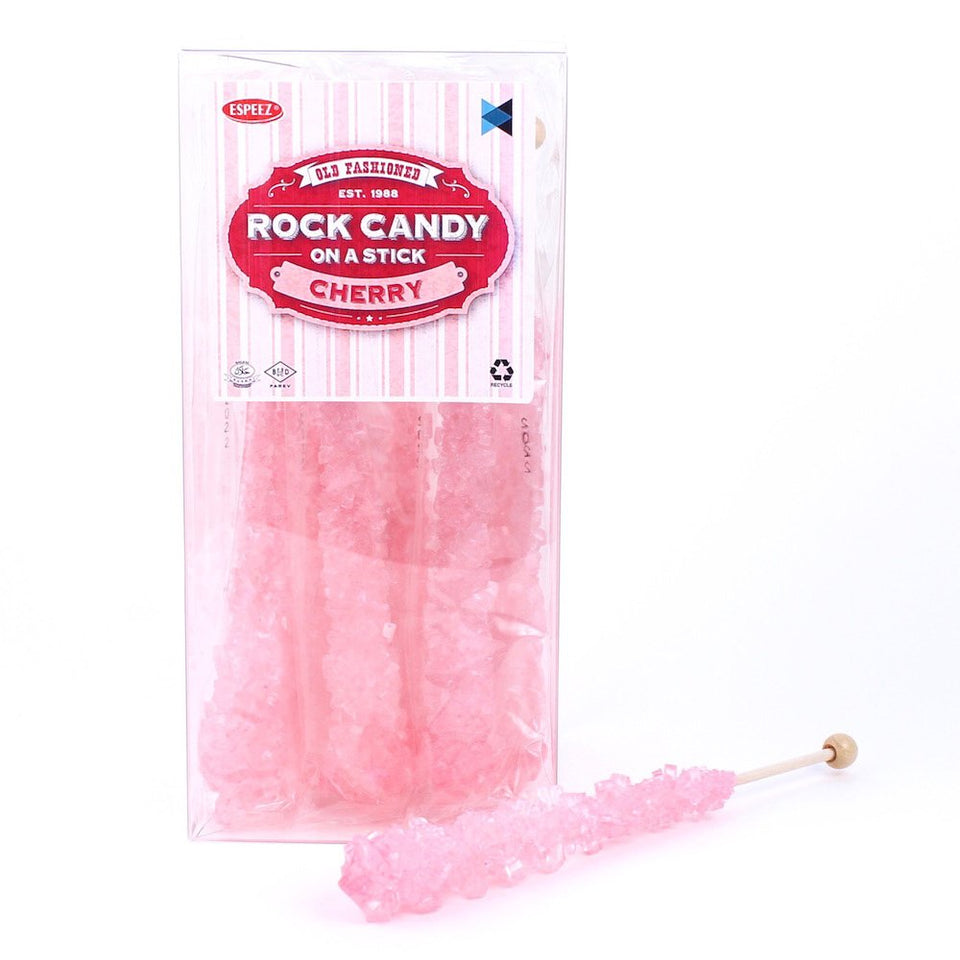 Espeez pink cherry rock candy on a large stick, ideal for elegant party favors.