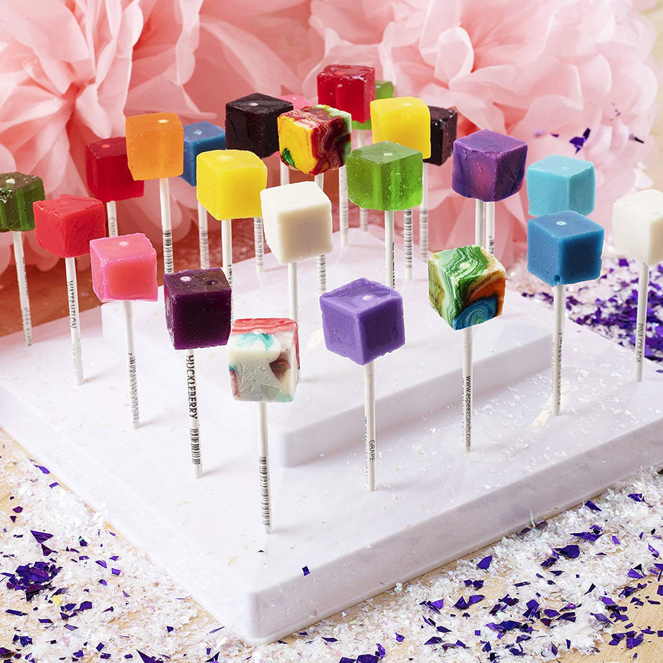 Espeez hard candy cube lollipops in packaging for easy gifting and bulk events.