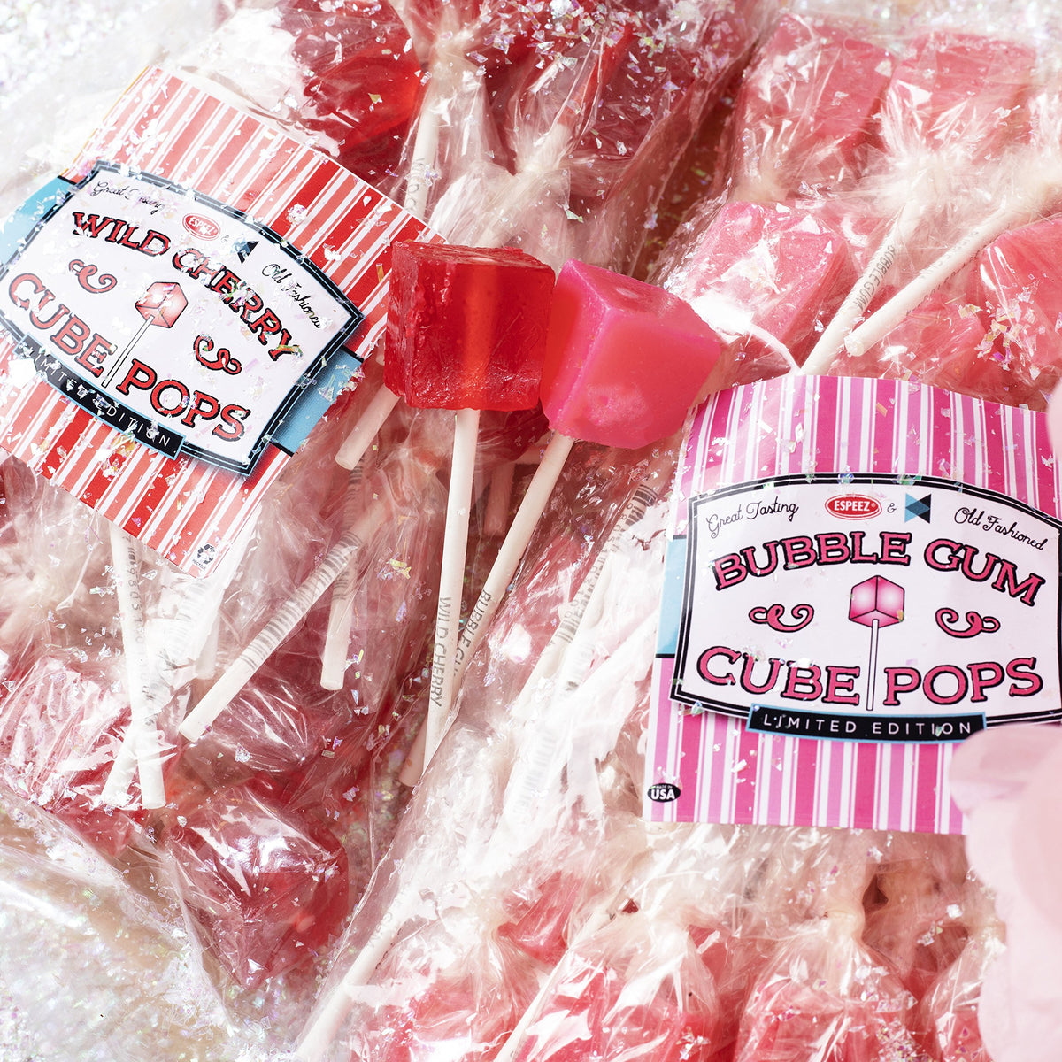 Espeez party candy buffet display with bright assorted cube pops.