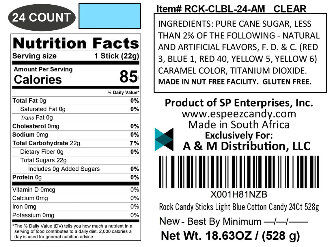 Espeez light blue 24-pack rock candy sticks, ideal for birthdays