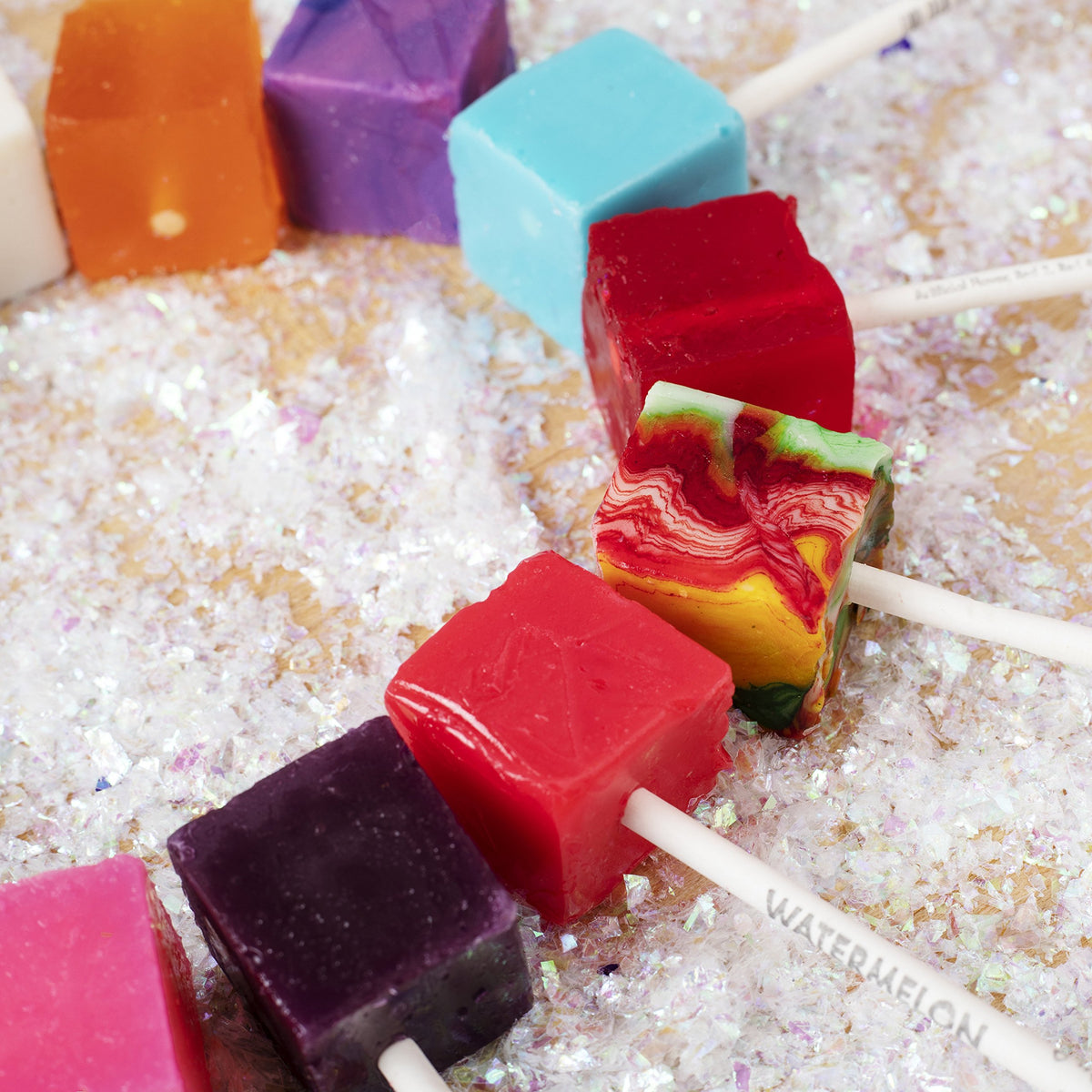 Espeez wild-cherry cube-lollipop assembly is ready to share at parties.