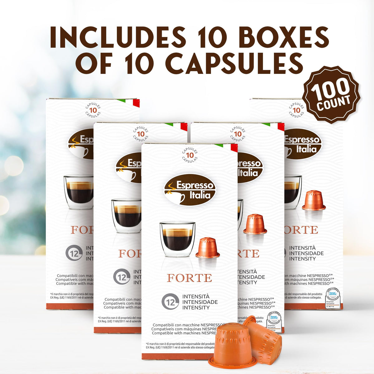 Close-up of Forte capsule showing thick crema and bold roast.