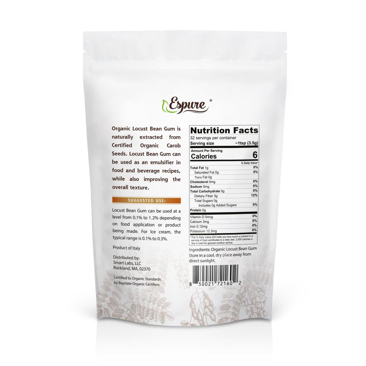 Espure locust bean gum powder in a jar, gluten-free thickener for desserts.