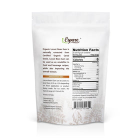 Espure locust bean gum powder in a jar, gluten-free thickener for desserts.