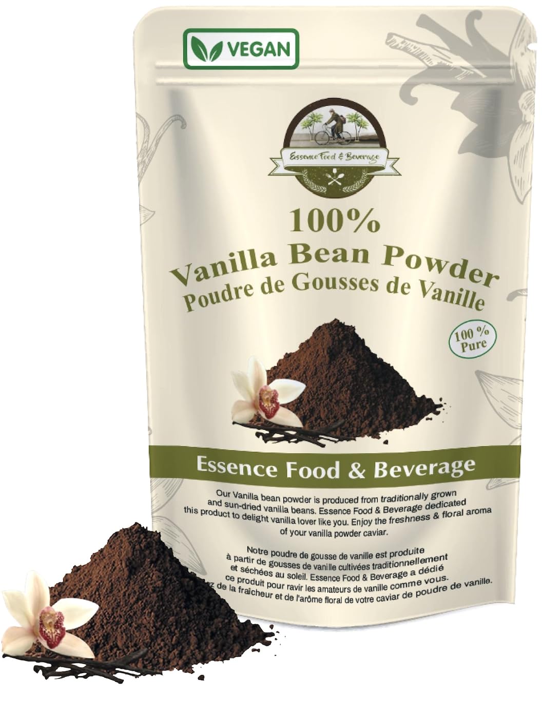 ESSENCE FOOD & BEVERAGE raw vanilla bean powder packaging; pure and convenient for baking.