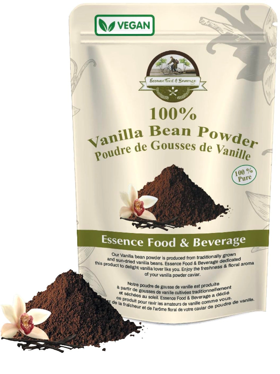 ESSENCE FOOD & BEVERAGE raw vanilla bean powder packaging; pure and convenient for baking.