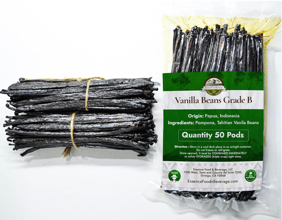 ESSENCE VANILLA BEANS Tahitian 50-pack close-up showing supple beans ideal for homemade vanilla extract.