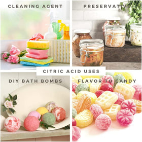 Essencea Citric Acid anhydrous label highlighting 100% purity for reliable results.