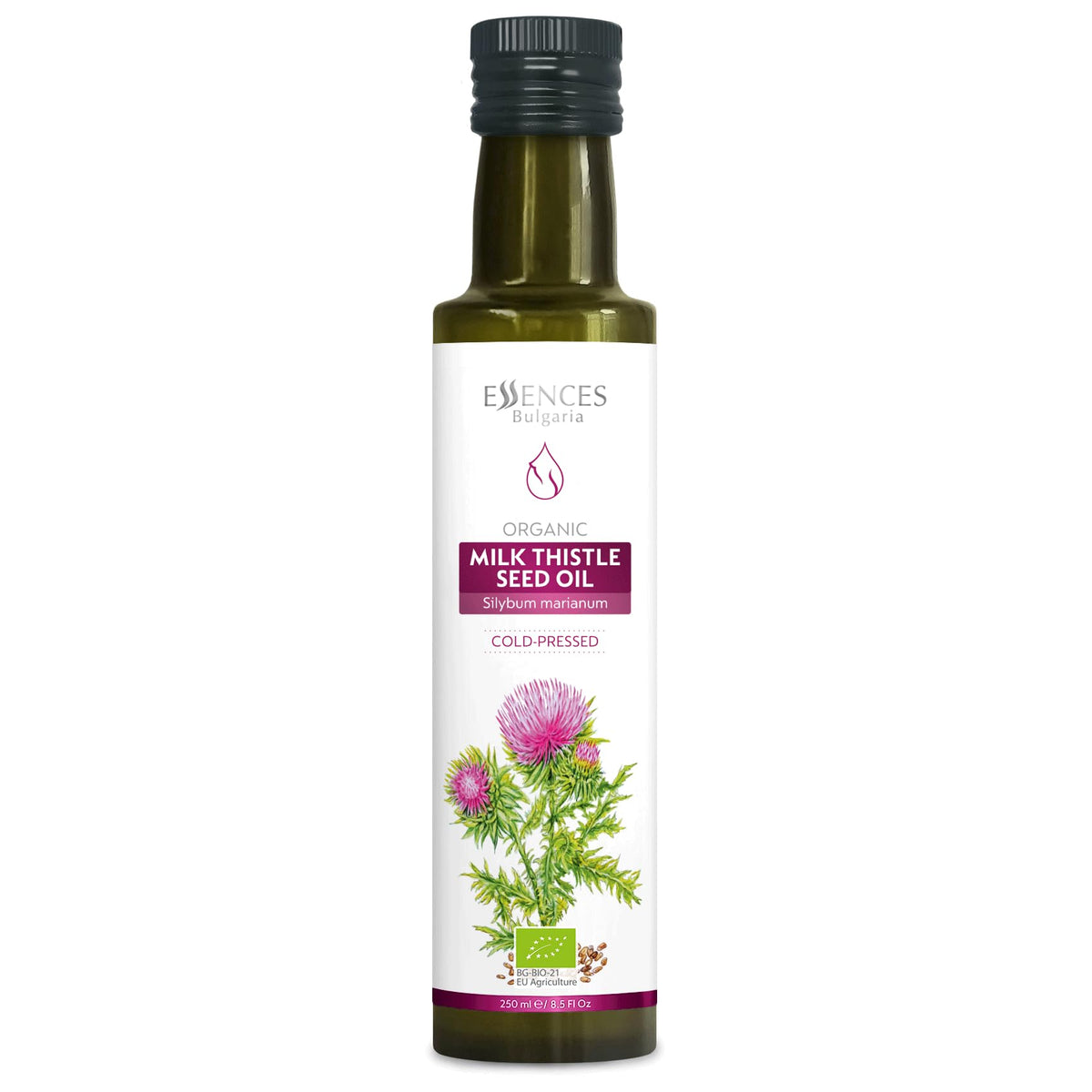 Essences Bulgaria Milk Thistle Oil bottle shows 100% organic cold-pressed purity for daily use.