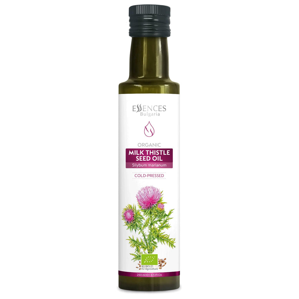 Essences Bulgaria Milk Thistle Oil bottle shows 100% organic cold-pressed purity for daily use.