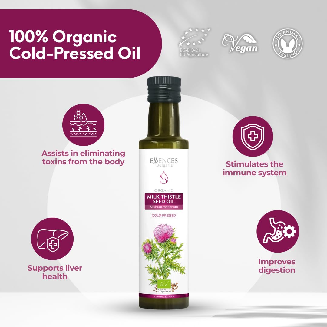 Essences Bulgaria Milk Thistle Oil label highlights organic BG-BIO-21 certification and Bulgarian origin.