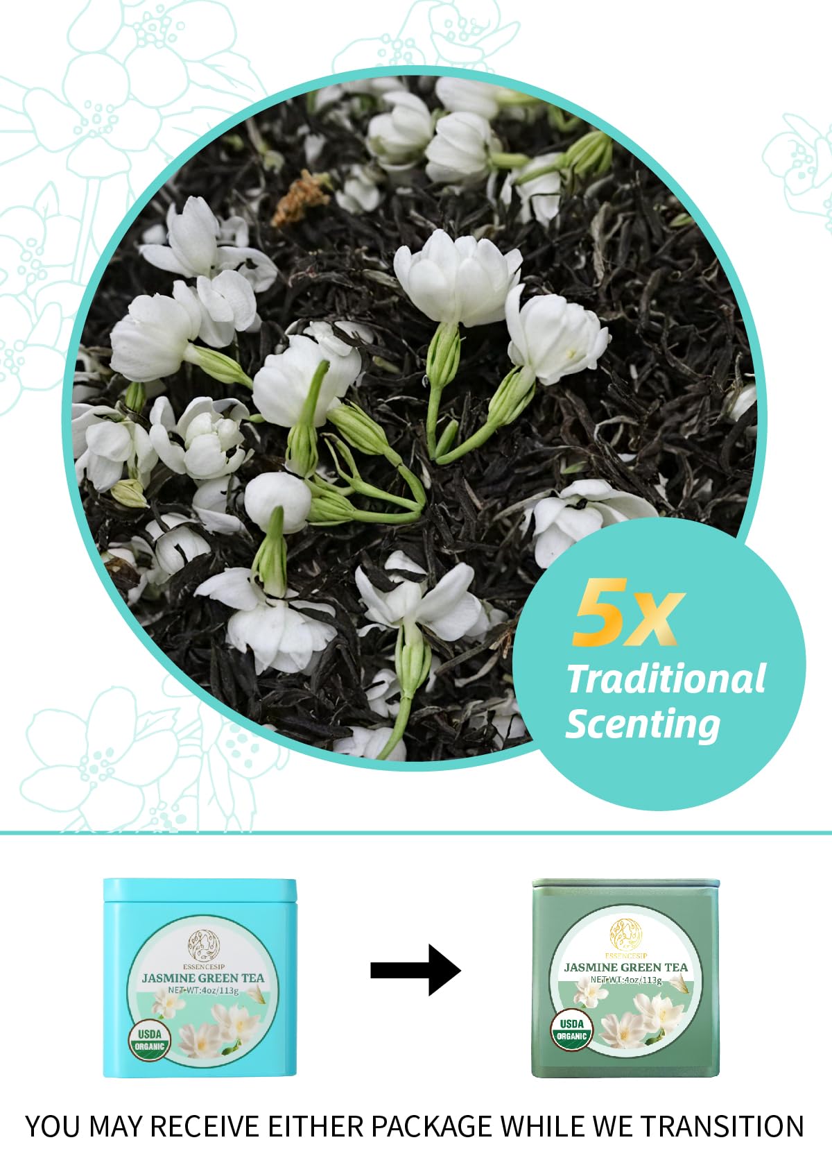 Essencesip jasmine blossoms release a fragrant aroma for a delicate cup.