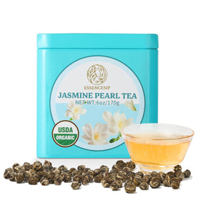 Essencesip Jasmine Dragon Pearl tea pearls in tin, premium packaging for gifting and daily sipping.