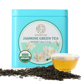 Essencesip Organic Jasmine Green Tea loose leaf in a reusable tin for fresh flavor.