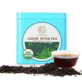 Essencesip ripe Pu-erh tea tin with 4oz packaging for daily ritual.