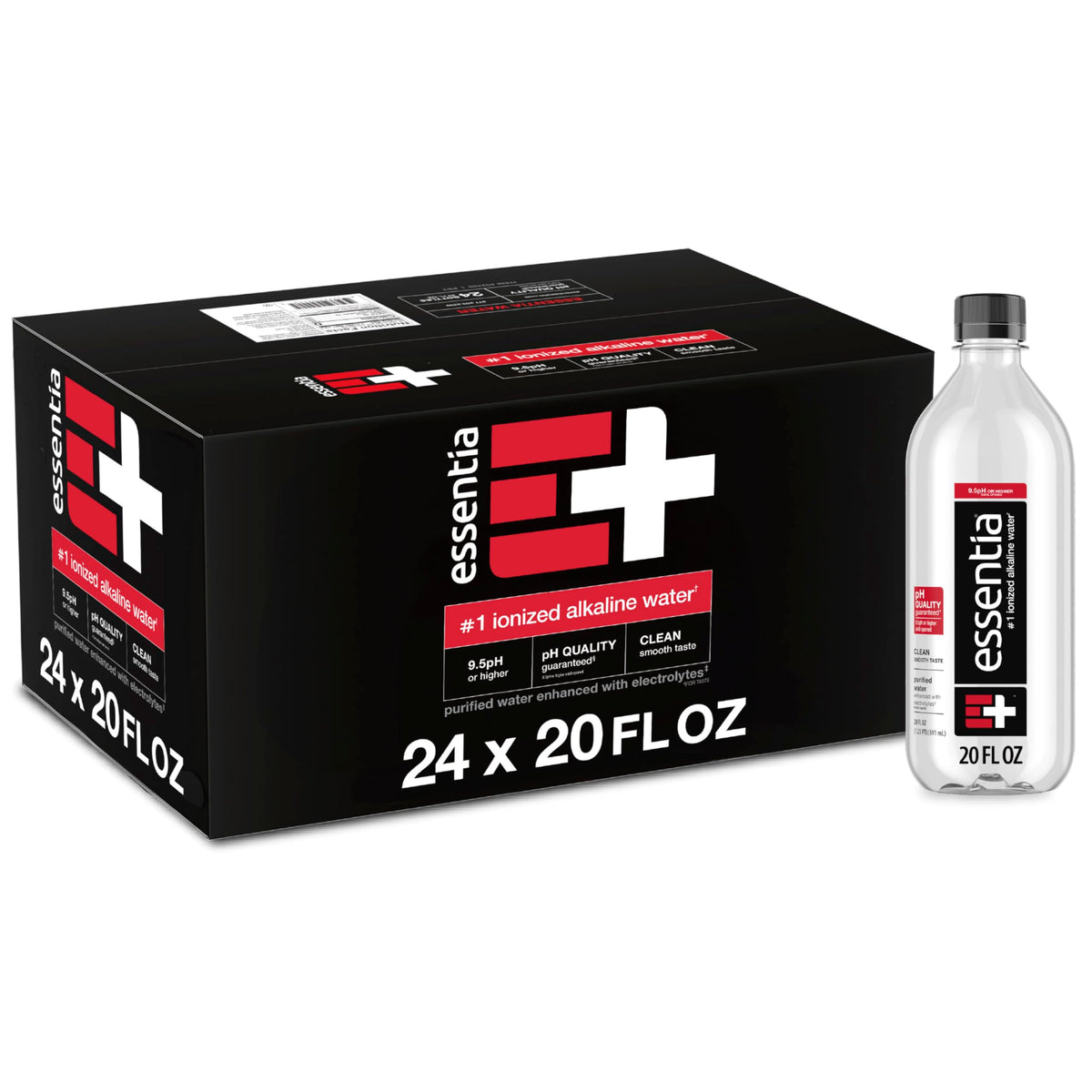 Essentia Water 24-pack 20oz bottles for convenient on-the-go hydration.