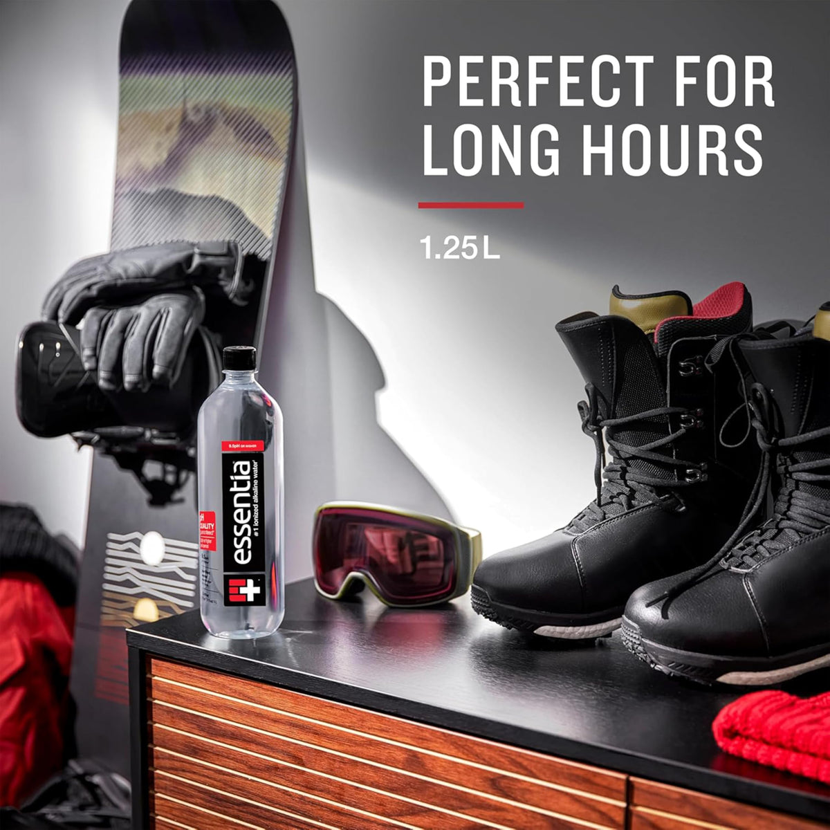 Essentia Water BPA-free bottle supports sustainable daily hydration.